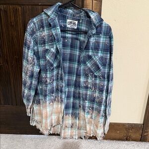 Cinch Plaid Distressed Cardigan in Blue and Tan